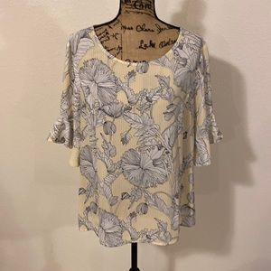 Yellow navy blue floral blouse